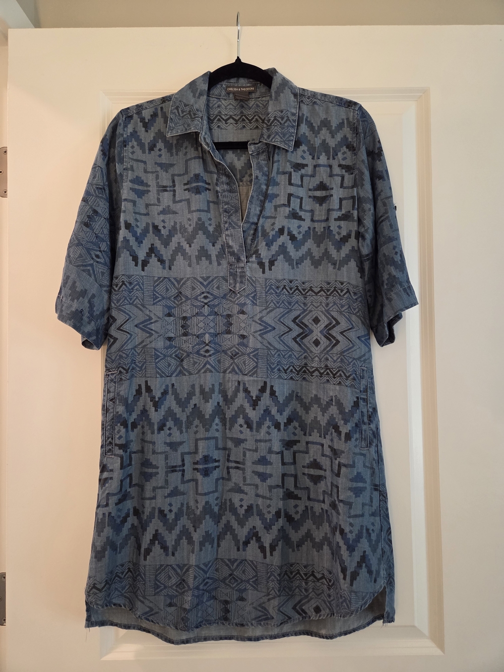 Chelsea & Theodore Blue Aztec Print Tencel Shirt Dress Size Small